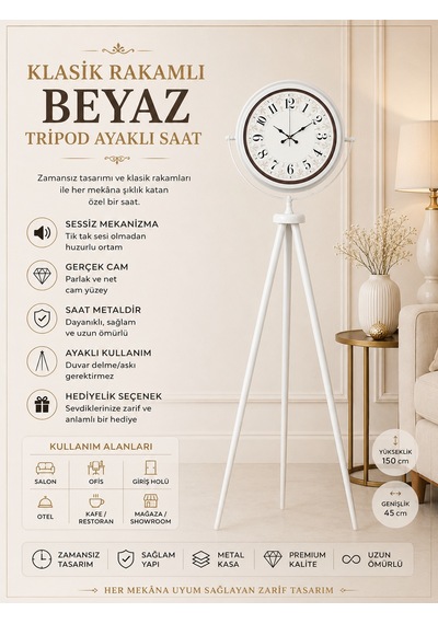 Almira Duvar Saati Klasik Rakamlı Beyaz Tripod Ayaklı Saat