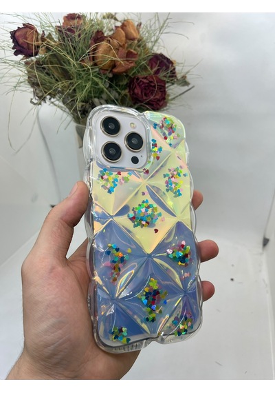 Apple Uyumlu iPhone 15 Pro Max Hologram Puffer Kılıf Renkli Kalpler