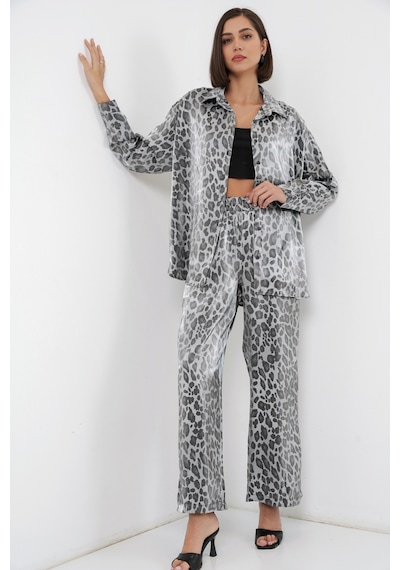Bigdart 6699 Leopar Desenli Alt Üst Takım - Gri