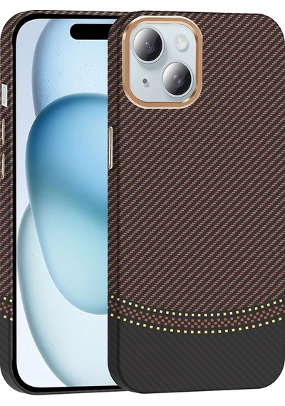 Apple Uyumlu iPad iPhone 15 Kılıf M-safe Şarj Özellikli Karbon Fiber Görünümlü Zore Gros Kapak Gold-Siyah