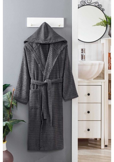 Kapüşonlu Unisex Banyo Bornozu %100 Soft Pamuklu Antrasit - P000000779-1 Çok Renkli