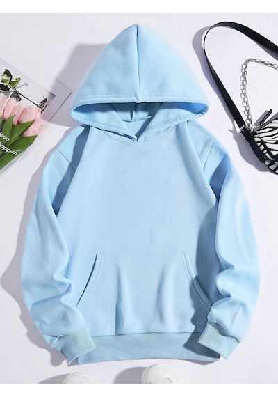 Düz Basic Sweatshirt - Bebe Mavisi Oversize Kapüşonlu Bebe Mavisi