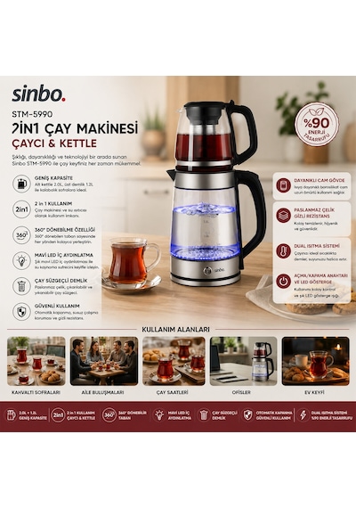 2in1 Çaycı - Kettle Çelik Elektrikli Çay Makinesi 2lt + 1,2lt Çay Süzgeçli 360 Dönebilir Stm-5990