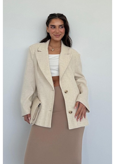 Bej Keten Blazer Kadın Ceket Mg2443 Bej