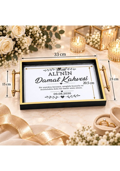 Bk Gift Kişiye Özel Siyah&gold Söz Nişan Tepsisi-1 - 39x23 Cm Çok Renkli