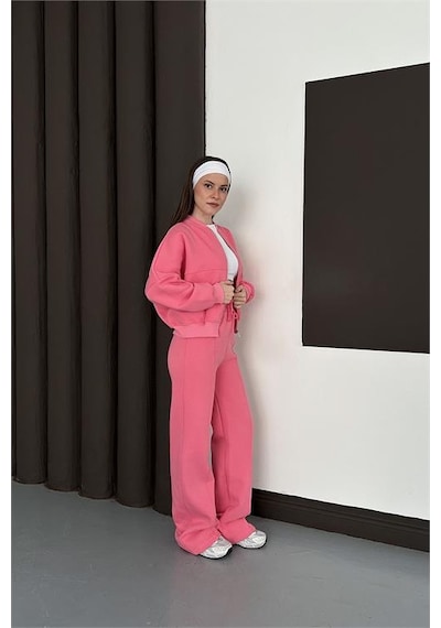 Neşeli Butik Kadın Pembe Fermuarlı 3 İplik Eşofman Takımı Nbesf01 Pembe