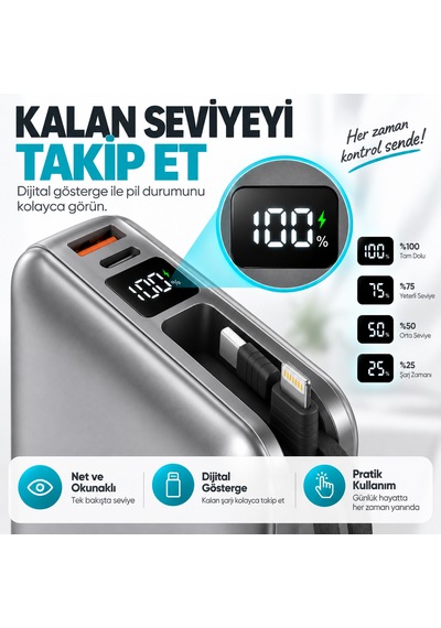 Xcharge 20000 Mah 22.5w Hızlı Şarj Powerbank Kendinden Kablolu Type-c Lightning Gümüş