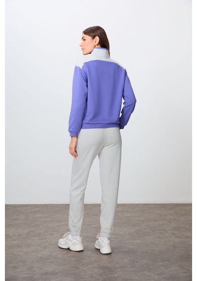 Tommy Life Eflatun-taş Kompakt Pamuklu Kalın Pürüzsüz Dokulu Dik Yaka Oversize Fit Kadın Eşofman Takım - 95342 Mor