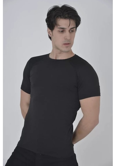 Modi Green Erkek Omuz File Geçişli Siyah Sportif Slim Fit Tişört