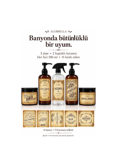 Alubrella 500 Ml Amber Pompalı Şişe, 2 Kapaklı Kavanoz Ve Şeffaf Sprey Şişe Etiketli Set