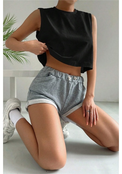 Siyah %100 Pamuk Basic Bisiklet Yaka Süprem Kolsuz T-shirt Siyah