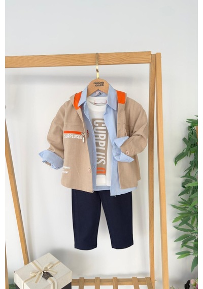 Miniğimin Cicileri Curplus Baskı Ceketli Tişört Ve Kot Pantolonlu Erkek Çocuk 4 Lü Takım - Bej Miniğimin Cicileri Curplus Baskı Ceketli Tişört Ve Kot Pantolonlu Erkek Çocuk 4 Lü Takım - Bej