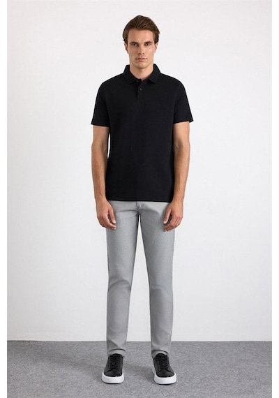 Süvari Siyah Slim Düz Baskısız Armürlü Düğmeli Polo Yaka Tişört Sts1014000017-s09