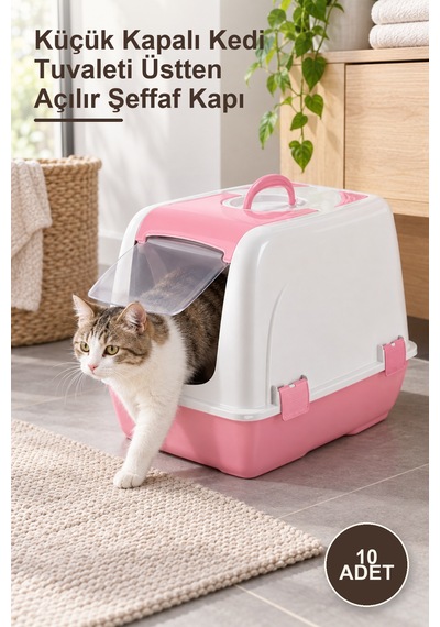 10 Adet Küçük Kapalı Kedi Tuvaleti Üstten Açılır Şeffaf Kapı
