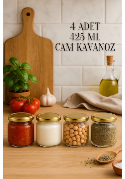 4 Adet 425 Ml Metal Konserve Kapaklı Yoğurt, Sosluk, Baharatlık, Menemen 425 Cc Cam Kavanoz Gold
