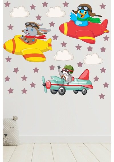 Sevimli Pilot Hayvanlar ve Yıldızlar Çocuk Odası Duvar Sticker
