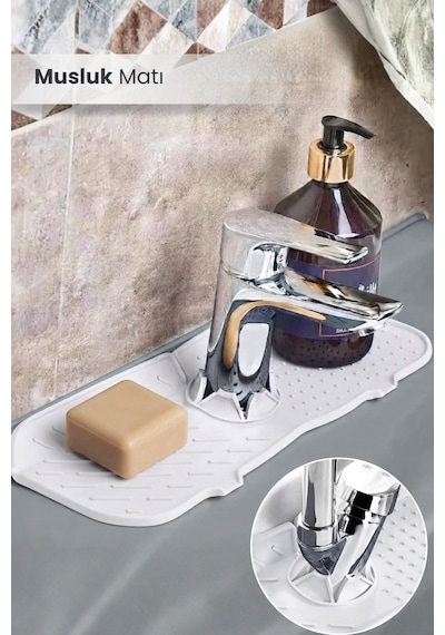 Su Tutucu Musluk Matı Mutfak Ve Banyo İçin Koruyucu Musluk Ve Lavabo Altı Mat Beyaz