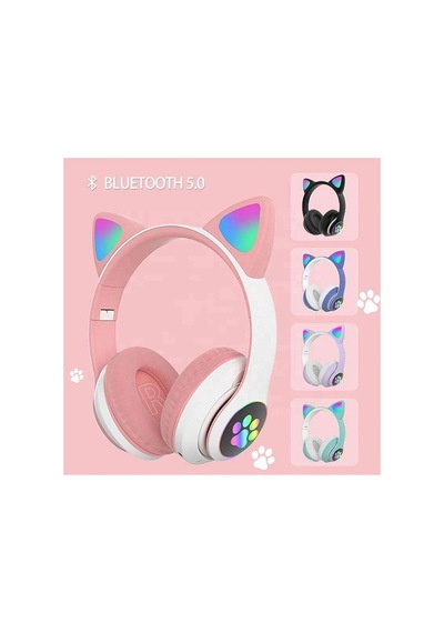 Stn-28 Kulaküstü Kablosuz Kedi Tasarımlı Kulaklık Bluetooth Fm Radyolu Hafıza Kartı Girişli Sevimli Kulaklık