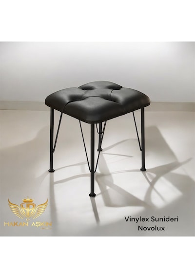 By Hakan Aşkın Siyah Metal Ayaklı Novolux Vinylex Sunideri Puf Black 40x45 Cm Siyah Vinylex