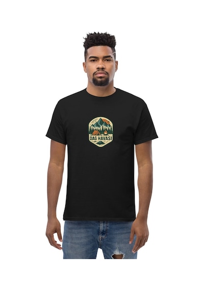 Wildstyle Dağ Havası Renkli Vintage Dağ Doğa Kamp Rozet Baskılı Unisex Bisiklet Yaka Pamuklu Tişört Siyah