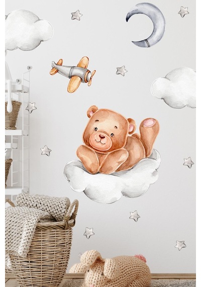 MSticker Bulutta Sevimli Ayıcık Ve Yıldızlar Bulutlar Sevimli Sticker Seti Çocuk Bebek Odası Cam Duvar Sticke