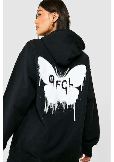 Siyah Butterfly Oversize Sweatshirt - Baskılı Oversize Kapüşonlu Siyah