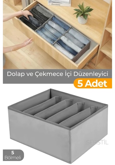 Serstil 5 Adet - 5 Bölmeli Dolap Ve Çekmece Içi Düzenleyici Saklama Kutusu Organizer - Antrasit