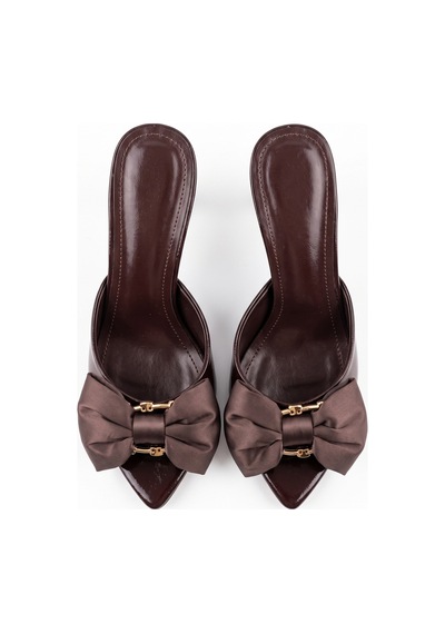 V.s.h Velvet Kadın Fiyonklu 8 Cm Kahverengi Topuklu Terlik / Siloy-2468