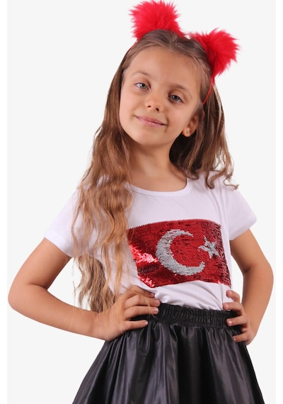 Breeze Kız Çocuk Tişört Pullu Ay Yıldızlı 6-14 Yaş, Beyaz Beyaz