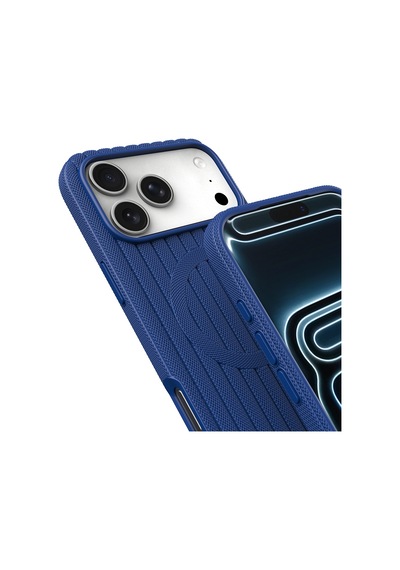 Apple Uyumlu iPhone 17 Pro Max Kılıf Magsafe Şarj Özellikli Çizgi Desenli Kumaş Dokulu Lorin Kapak Lacivert