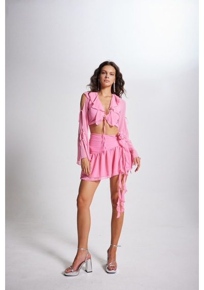 Holly Lolly Fırfırlı Şifon Carmen Bluz Pembe