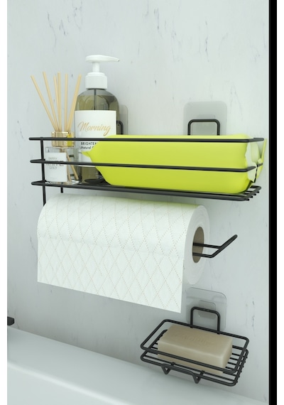 Zabata Yapışkanlı Banyo Rafı Kağıt Havlu Tutacağı Ve Metal Sabunluk Set Düzenleyici Siyah