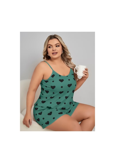 Lily Bianca Nightwear Desenli Askılı Ve Şortlu Büyük Beden Penye Gecelik Yeşil