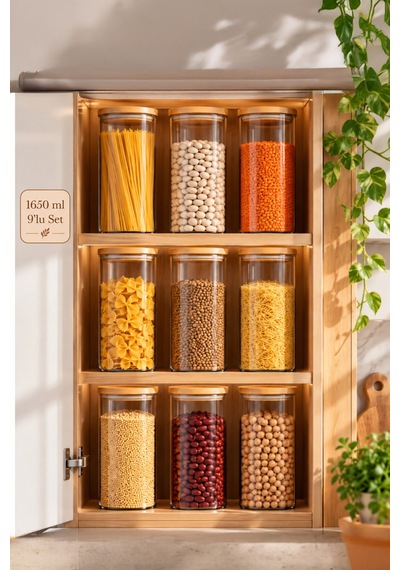 Porsima 3-3 Bambu Vakumlu Kapaklı Yuvarlak Borosilikat Cam 9lu Kavanoz Seti Saklama Kabı 1650ml 10x25cm Şeffaf