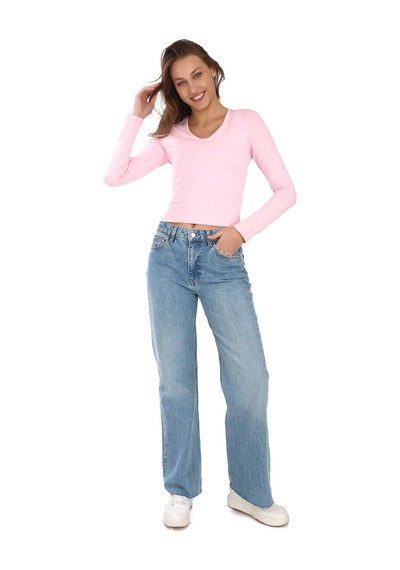 V Yaka Slim Fit Tişört-toz Pembe Toz Pembe