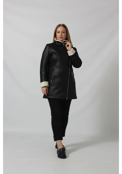 Moda Berray 3262 Uzun İçi Kürklü Boğazı Kemer Detaylı Kaban Siyah Siyah