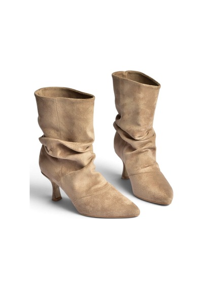 Fox Shoes Z404010402 Vizon Süet İnce Topuklu Büzgülü Kadın Bot