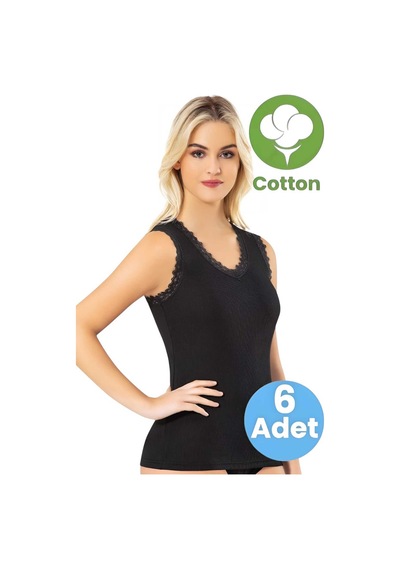 Tezzgelsin Kadın 6'lı Dantel Detaylı Geniş Askılı Kaşkorse Atlet Siyah