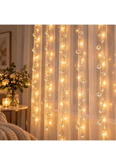 Peri 3x2 Metre Usb'li Kristal Boncuklu Dekoratif Led Işık Zinciri Sıcak Beyaz Perde Ve Oda Süsleme Işığı Diğer