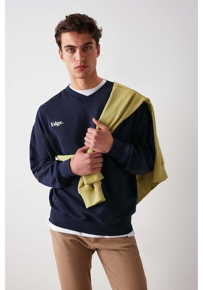 Grımelange Off Erkek Organik Pamuklu Yazı Nakış Detaylı V Yakalı Içi Polarsız Oversize Lacivert Sweatshirt