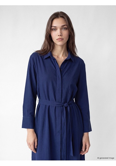 Lcw Modest Lacivert Beli Kuşaklı Modal Karışımlı Gömlek Elbise