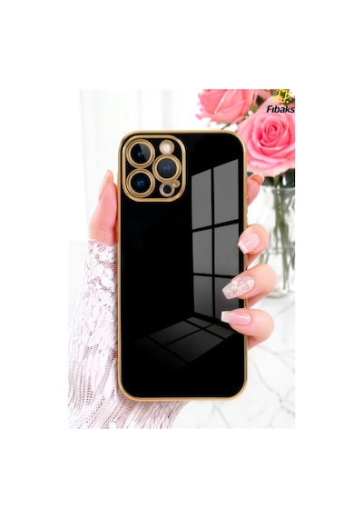 Fibaks iPhone 15 Pro Max Uyumlu Kılıf Parlak Kenarlı Altın Işlemeli Kamera Korumalı Kapak Siyah
