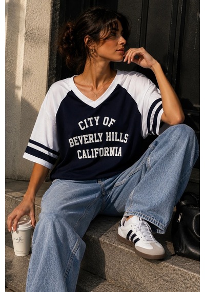 Bbbutikbasic Baskılı Oversize V Yaka Salaş Tişört My3535 Lacivert