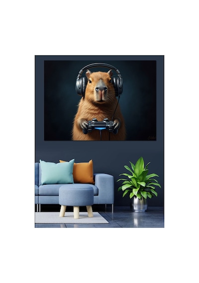 Kulaklıkla Oyun Oynayan Capybara Yağlı Boya Dokulu Kanvas Tablo Canvas Tablosu