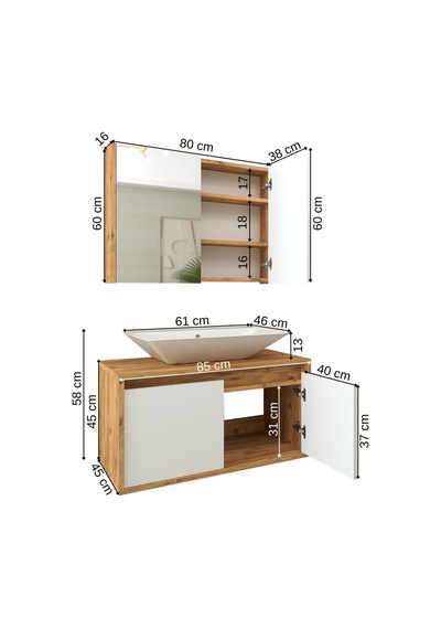 Banos Roomart Ayaksız 2 Kapaklı Lavabolu Ahşap-Mat Beyaz Mdf 8... Beyaz