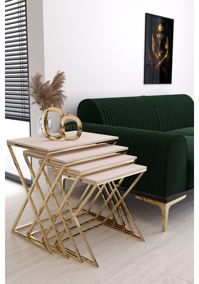 Masal 4'lü Zigon Gold Kaplama Krem Mdf Mebran Sehpalar Krem Ayakları Gold