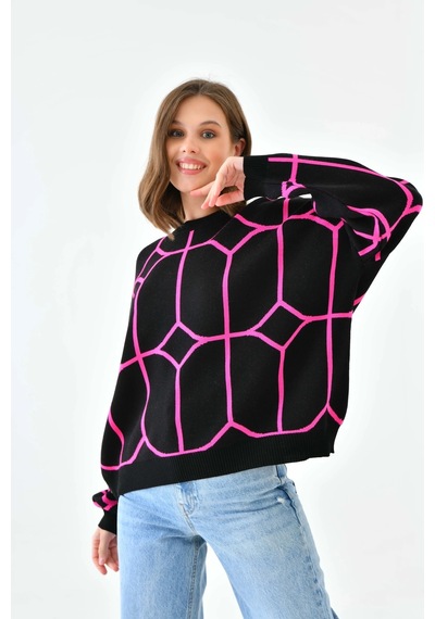 Park Karon Kadın Bisiklet Yaka Desenli Oversize Triko Kazak 224403 Siyah