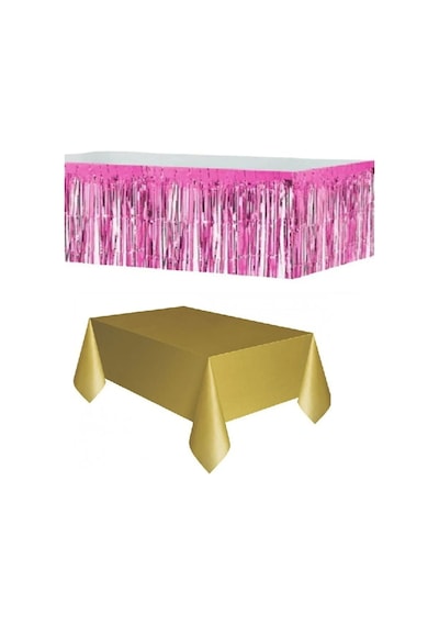 Plastik Gold Masa Örtüsü - Pembe Metalize Masa Eteği Püskülü