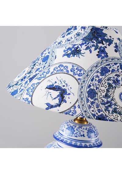 Sanwi Blue Blanc Desenli Seramik Oturma Odası Salon Abajur Lacivert