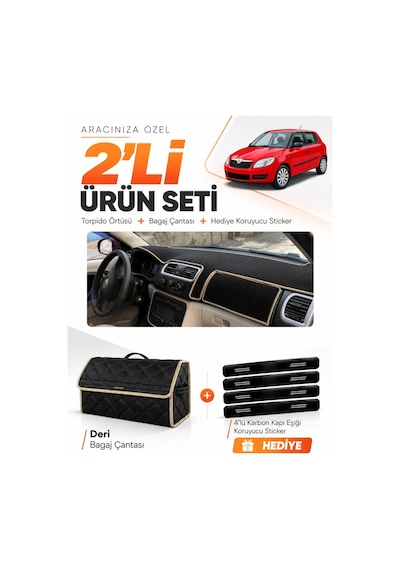 Skoda Fabia 2007-2014 Uyumlu Torpido Örtüsü + Deri Bagaj Çantası + Sticker Seti - Siyah Bej